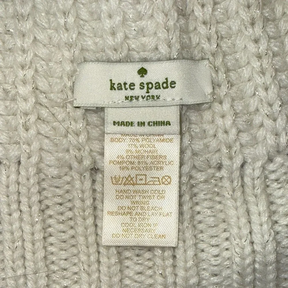 Kate Spade Cream Knit Beanie with Black Pom